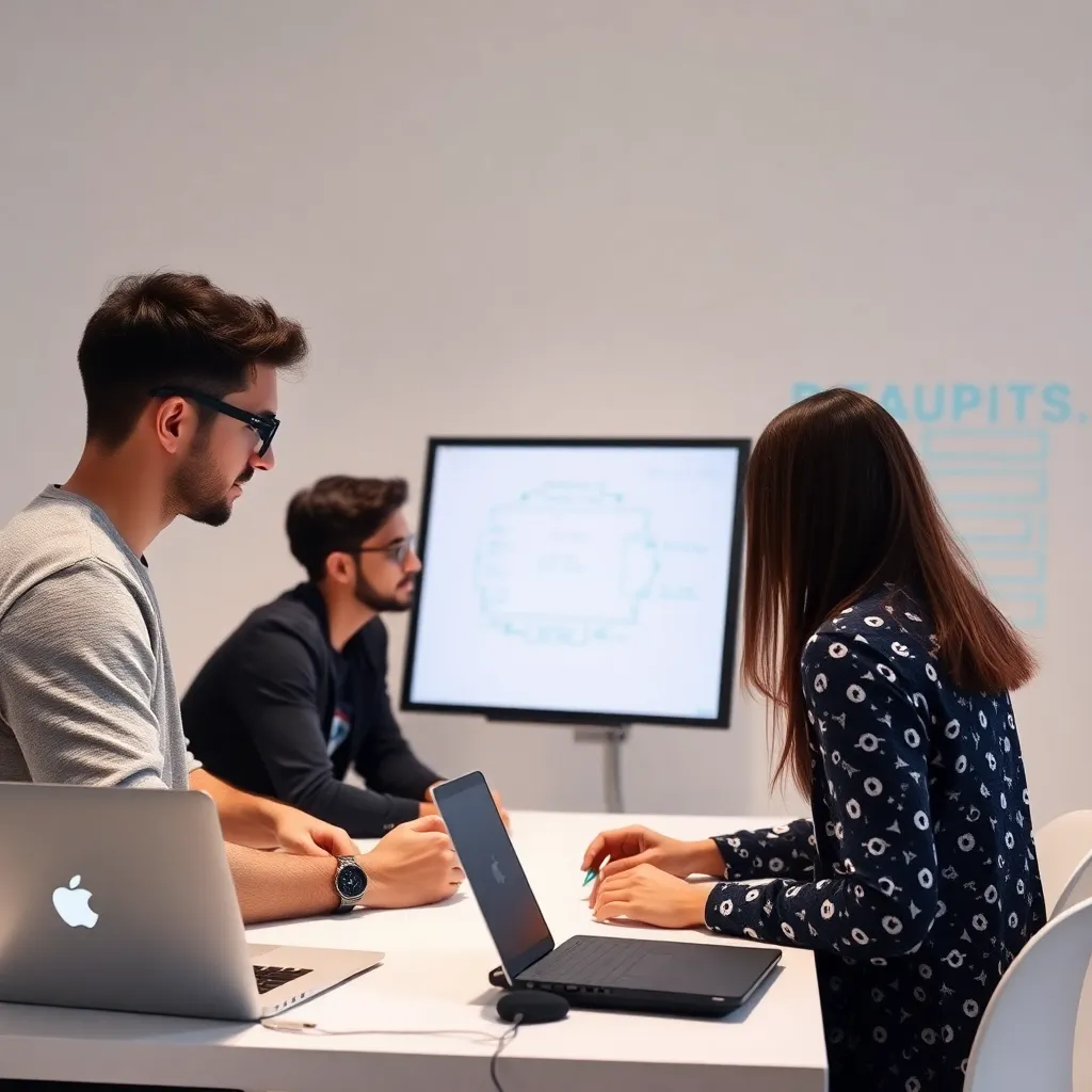 A developer team collaborating on a new gaming API with laptops and digital whiteboards