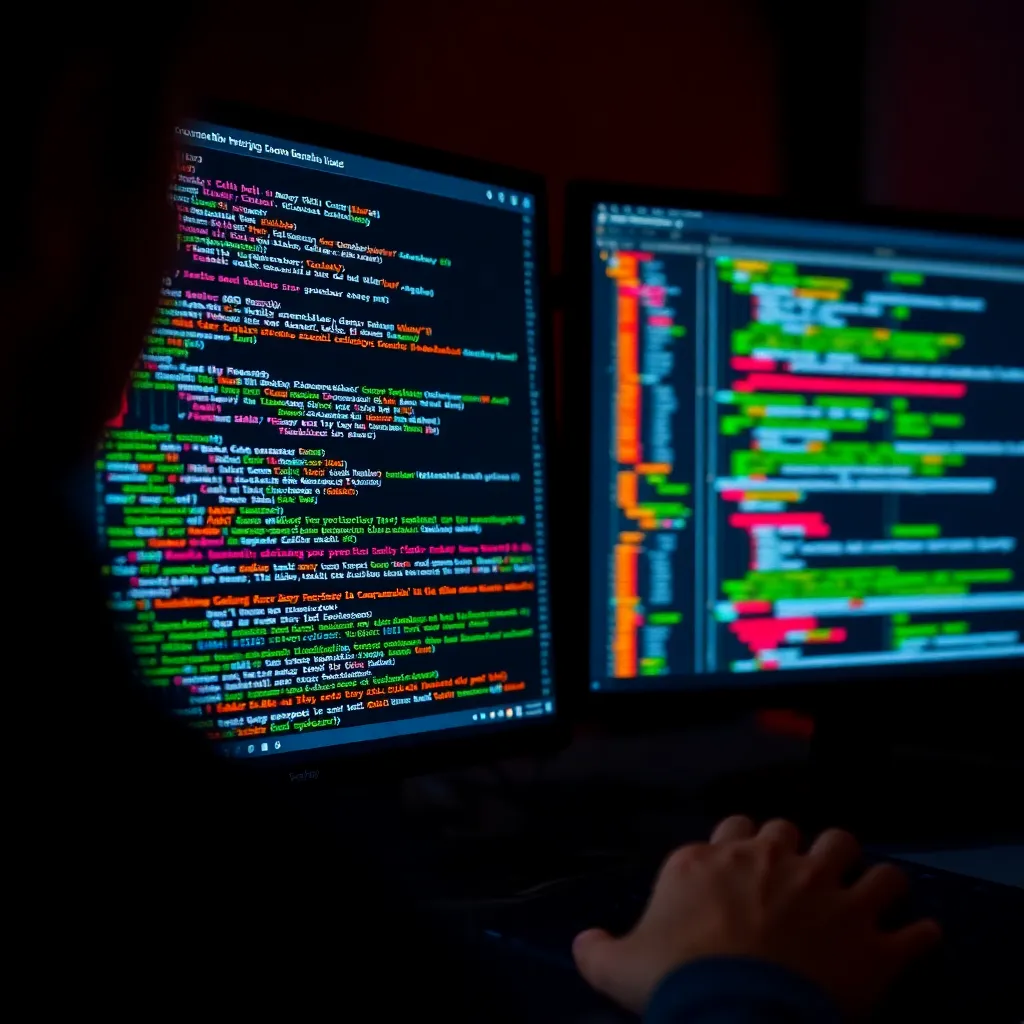 A close-up of a developer coding a betting API with multiple screens showing code and betting data