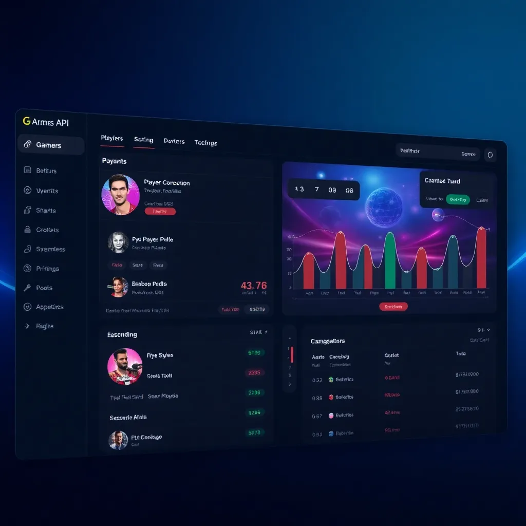 A futuristic gaming API dashboard showing player stats and betting options