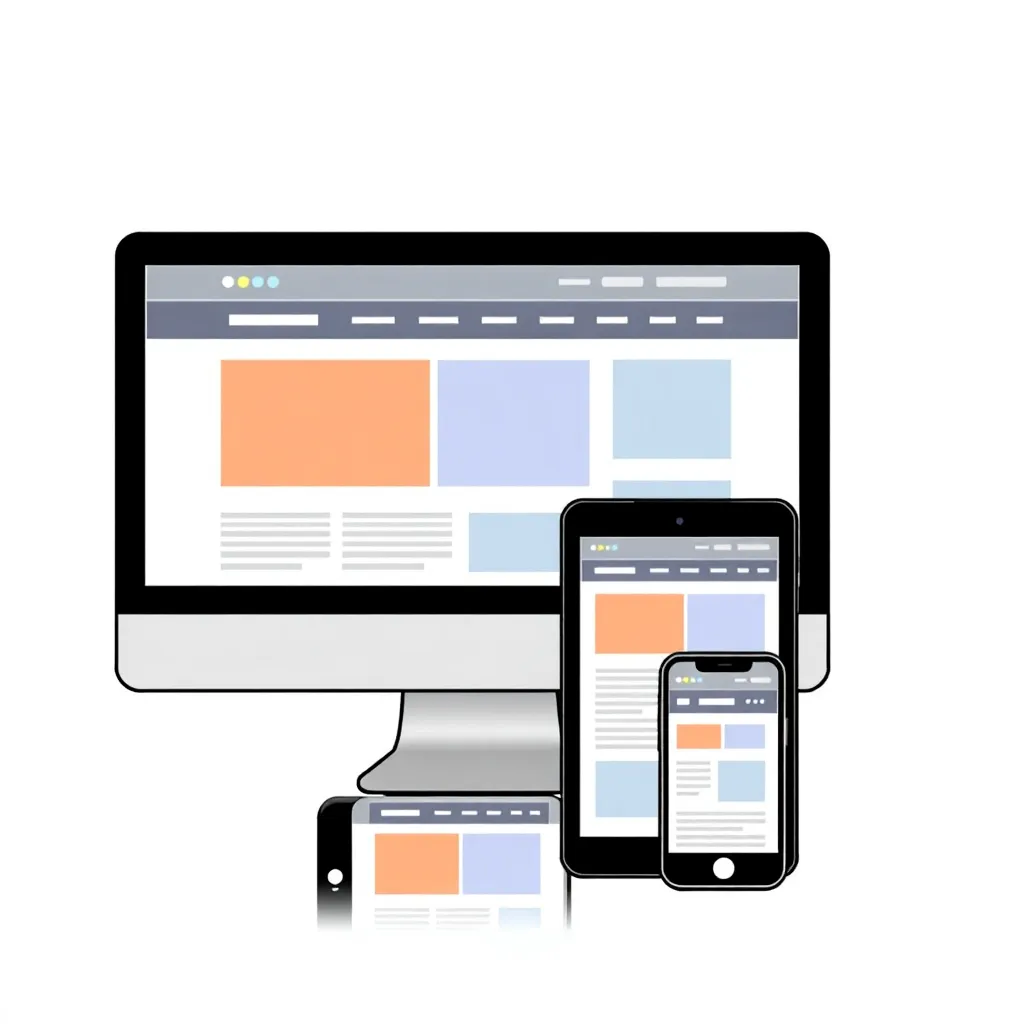 Illustration of responsive web design showing multiple devices including desktop, tablet, and mobile with a website layout