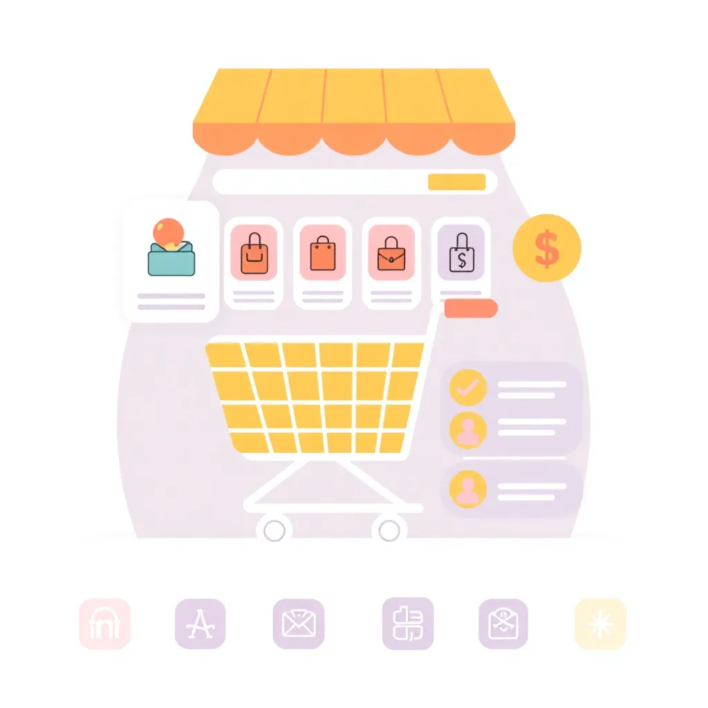 Illustration of an e-commerce website with shopping cart, product listings, and payment icons