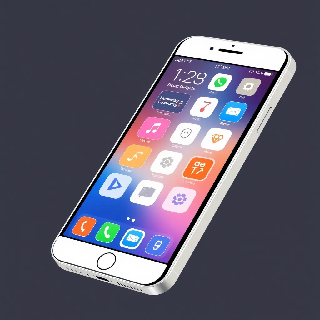 Illustration of an iPhone displaying a sleek mobile app interface with icons and navigation