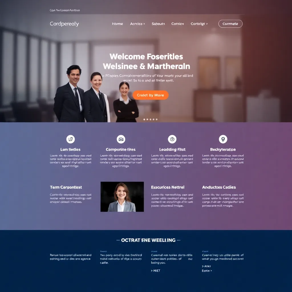 Screenshot of a corporate website homepage with professional layout, team photos, and service highlights