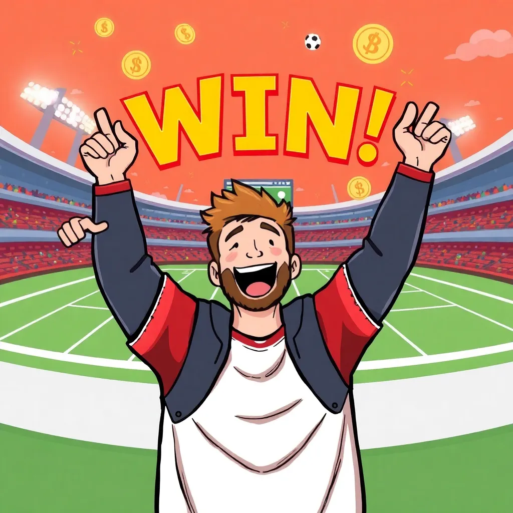Illustration of a person celebrating a sports bet win with a stadium and sports icons in the background