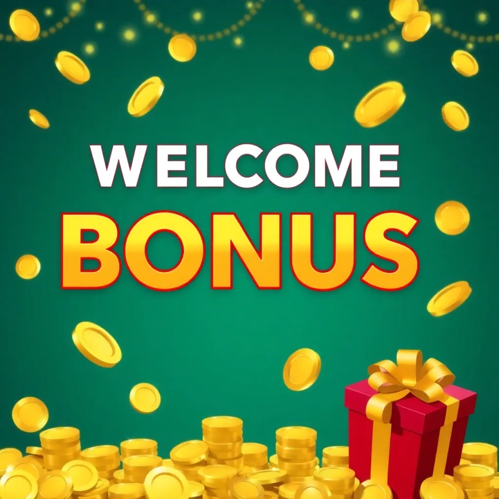 Promotional banner showing a welcome bonus with gold coins and a gift box