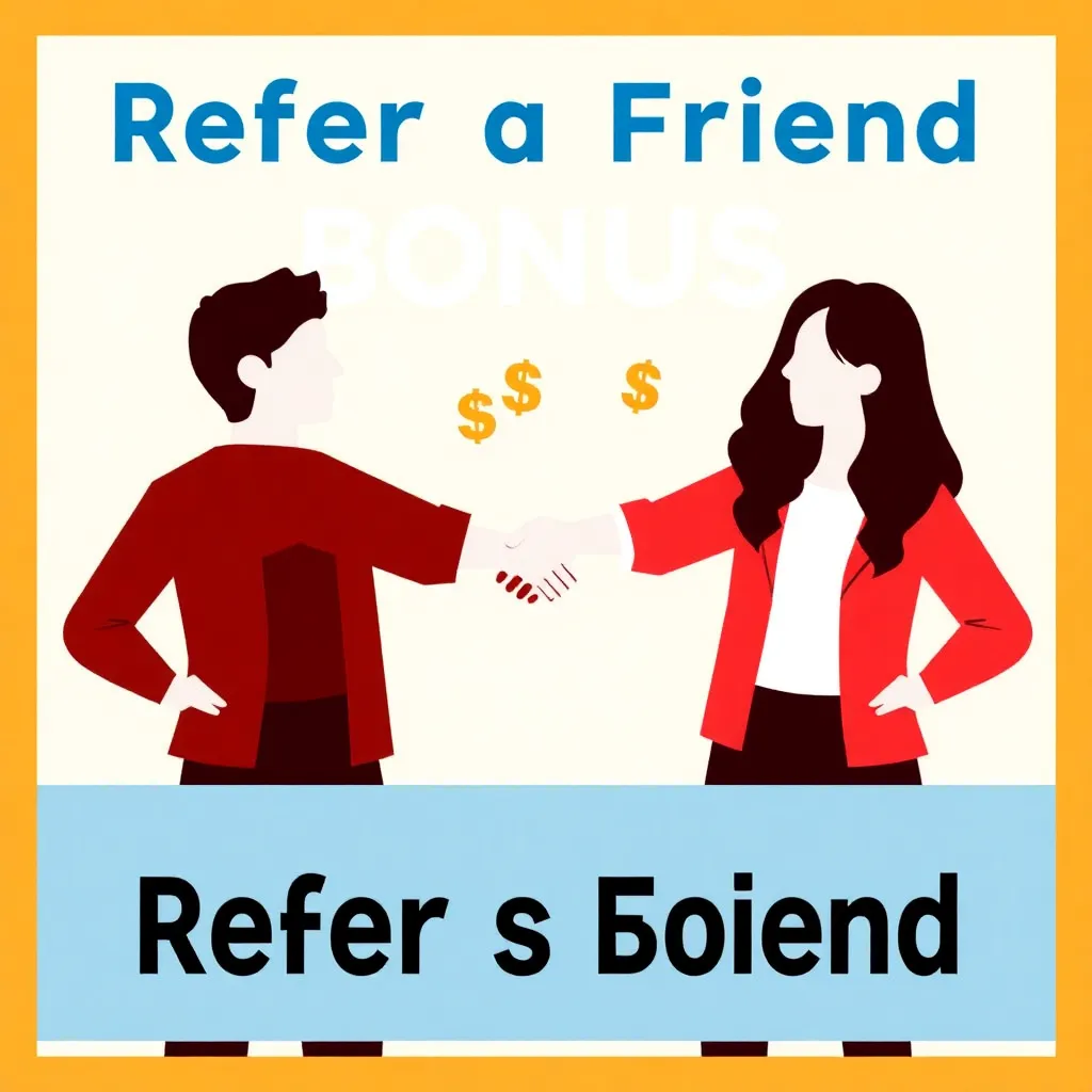 Promotional banner for Refer a Friend Bonus with two people shaking hands and dollar signs