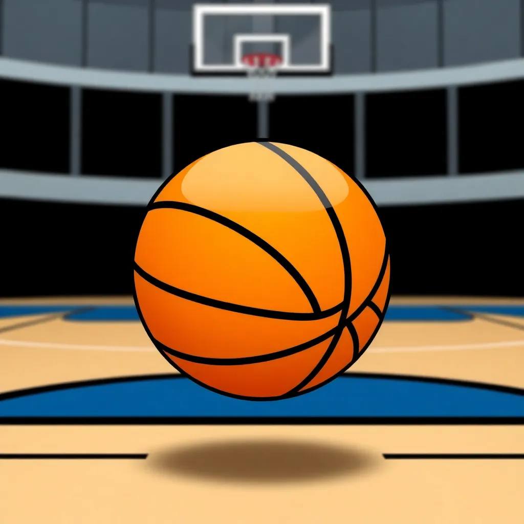 Icon of an orange basketball with black lines on a court background