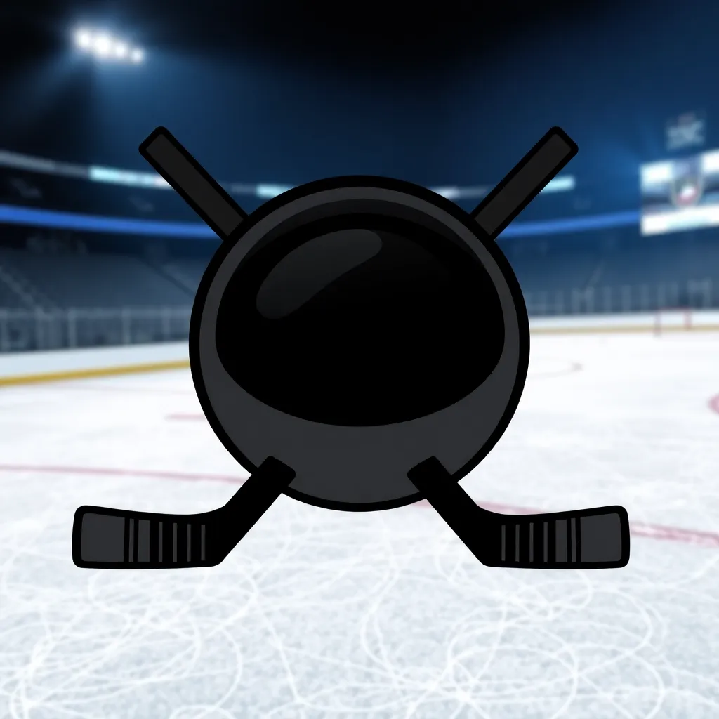Icon of a black hockey puck and crossed hockey sticks on ice rink background