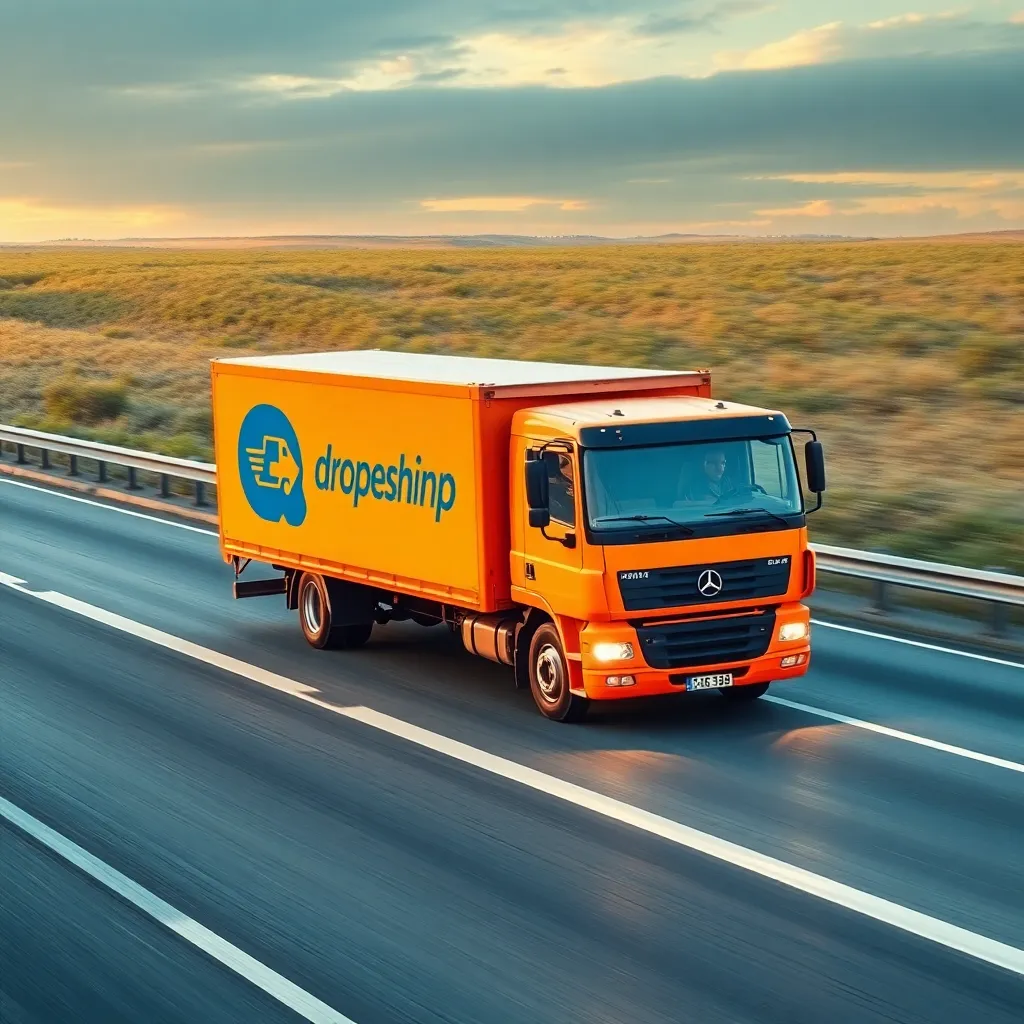 Delivery truck driving on a highway delivering dropshipping orders to customers