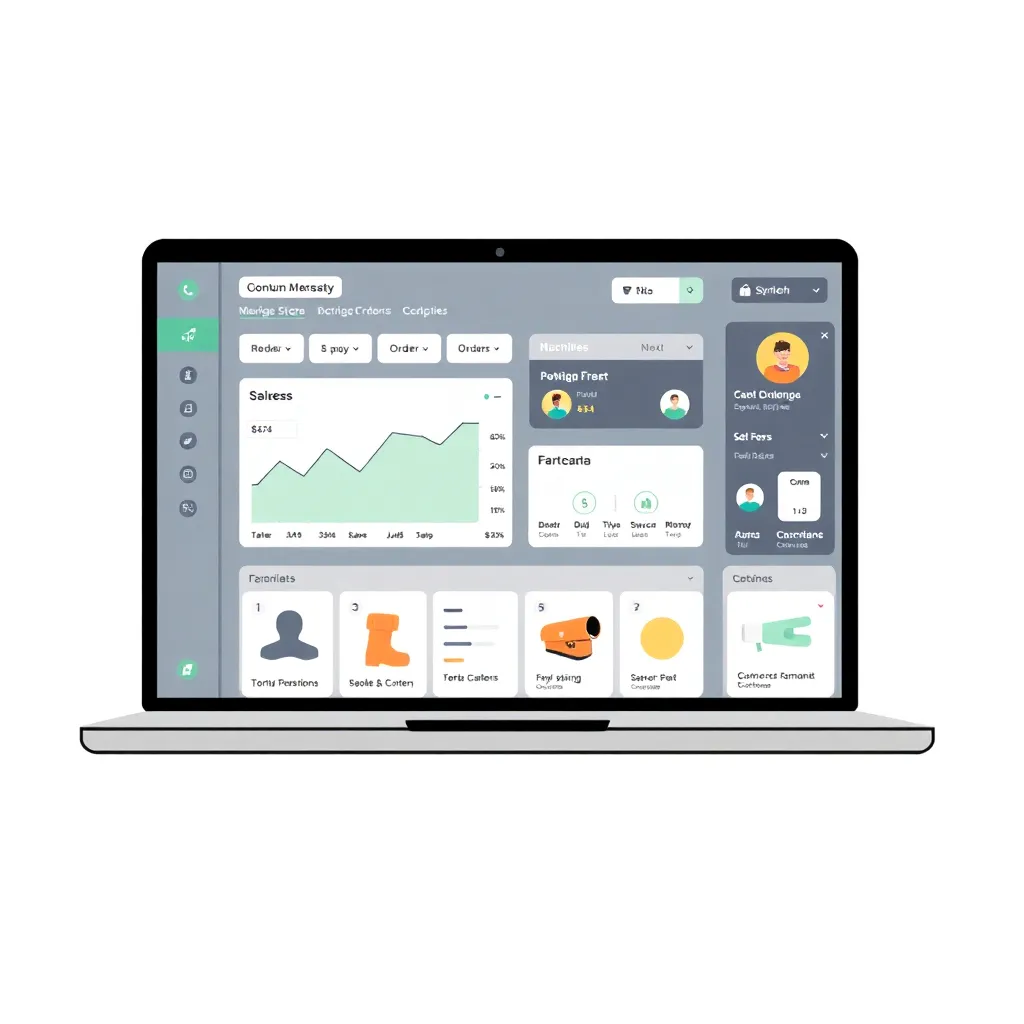 Illustration of an online store dashboard showing sales graphs, orders, and product listings on a laptop screen