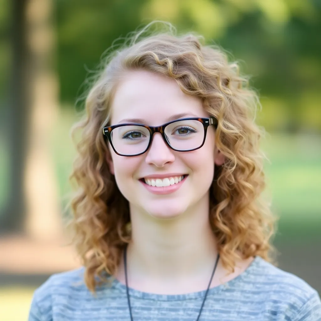 Portrait photo of Sarah Johnson, a smiling young woman with curly hair and glasses