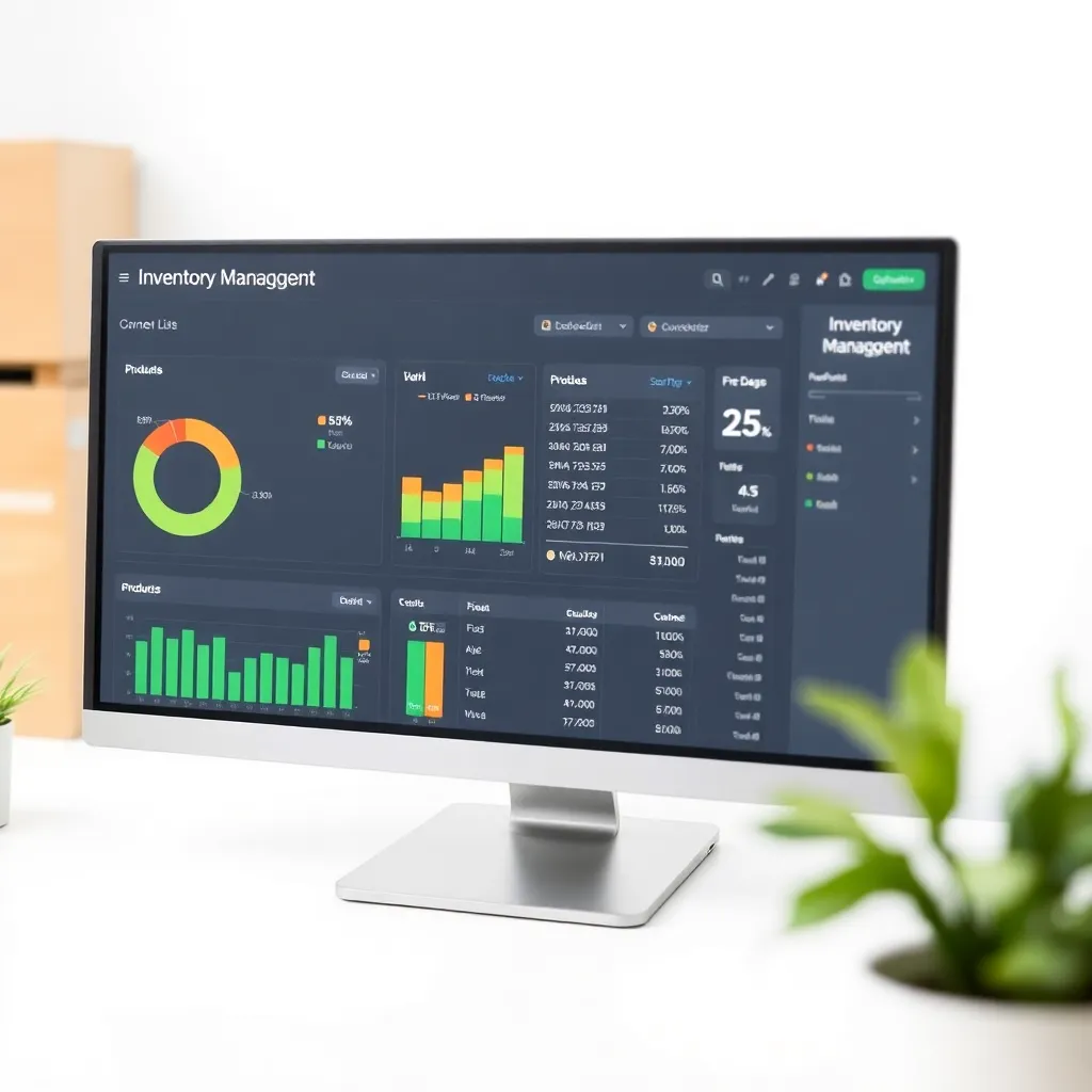 Inventory management dashboard with charts and product lists on a computer screen