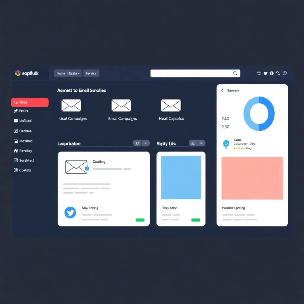 Marketing tools dashboard with email campaigns and social media icons